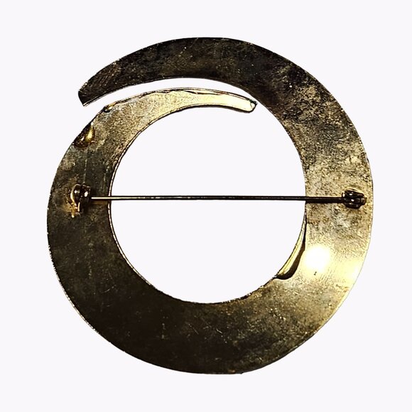 Vintage Tribal Hand Painted Statement Brooch Swirl Glitter Gold Green Jewelry - Picture 3 of 4